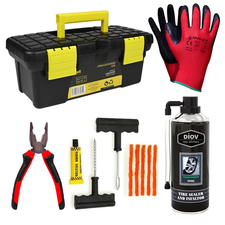 Kit Vulcanizare Auto la Rece cu Snur, Adeziv Cauciuc, Spray Umflat Reparat Pana Anvelope Tubeless si Cutie Scule