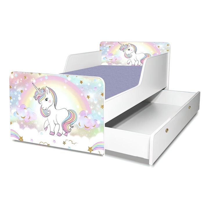 Легло Еднорог, 140x70 см, с чекмедже, предпазна решетка и включен матрак
