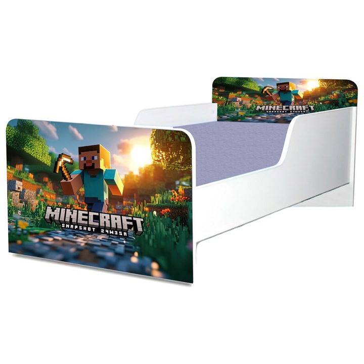 Pat Minecraft, 130x60 cm, cu protectie si saltea inclusa
