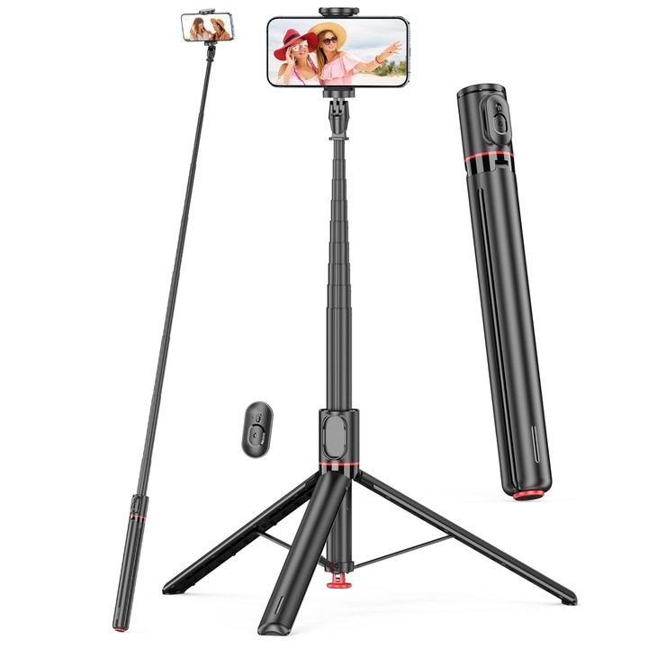 Trepied Foto Telescopic pentru Telefon, Omelivon, Selfie Stick, 33-177cm, Telecomanda Bluetooth, Portabil, Reglabil, Rotatie 360°, Compatibil cu iPhone / Android, din Aluminiu, Negru