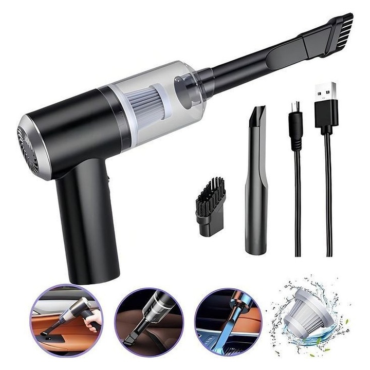 Mini Aspirator Portabil 3 in 1, cu Incarcare USB, Putere Mare, Filtru HEPA, Accesorii pentru Tastatura, Masina si Colturi