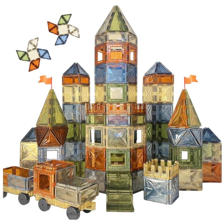 Set STEM 100 Piese Magnetice Transparente de Construit – Magnetic Tiles