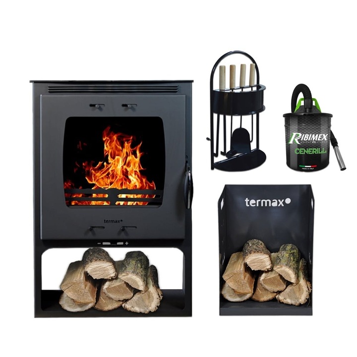 Pachet soba pe lemn Termax Atria, 12.2 kW, randament 84.17%, 80 m², Negru, set accesorii, aspirator cenusa si suport lemne foc metalic Termax M