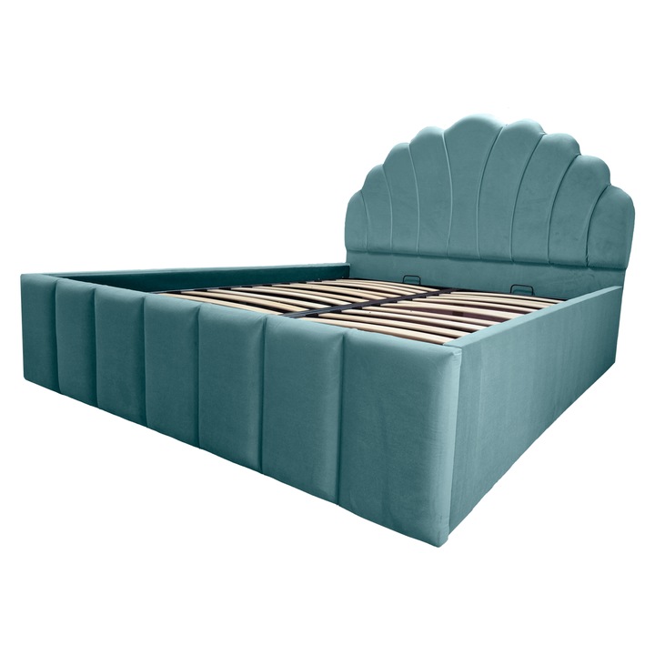 Pat Iris tapitat 190/190 cu somiera rabatabila si spatiu depozitare albastru marin