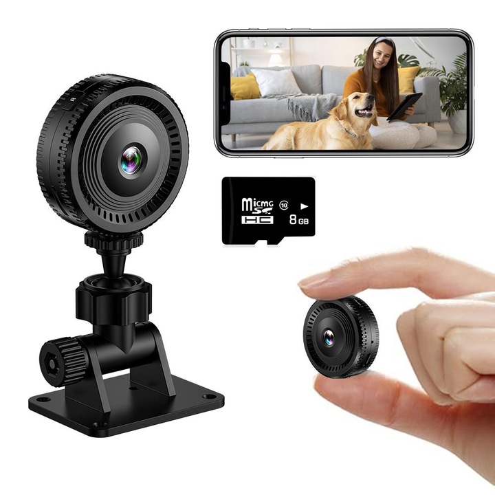 Mini camera de supraveghere wireless ORBER, 1080P HD, vedere nocturnă, obiectiv 140°, neagră, set cu card microSD 8 GB