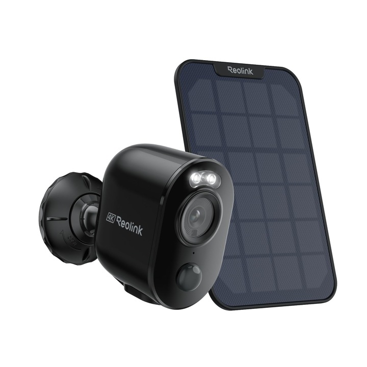 Охранителна камера Reolink Argus 3 Ultra с батерия, външна, черна, със слънчев панел, 8MP цветно нощно виждане, соларна WiFi камера за открито с 2.4/5Ghz WiFi, AI откриване, филтър за аларма, прожектори, двупосочно аудио