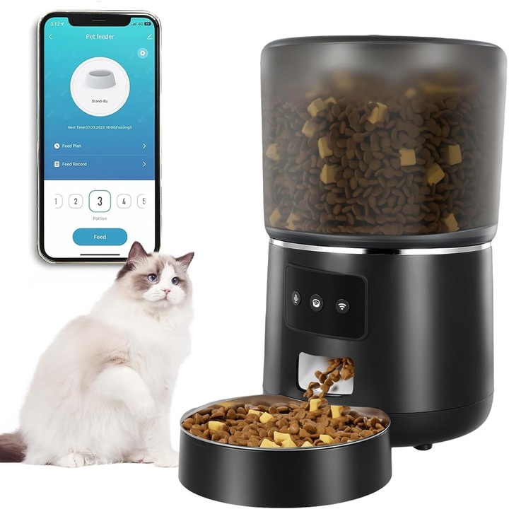 Hranitor Automat Inteligent pentru Animale – 4L, Dasbo®, Control prin Aplicatie, WiFi, Inregistrare Audio, Functie Dozator pentru Caini si Pisici, Sunet Hranire, Programabil, Dispenser Pisici cu Alimentare Dubla, Usor de Curatat, Rezistent, Automat