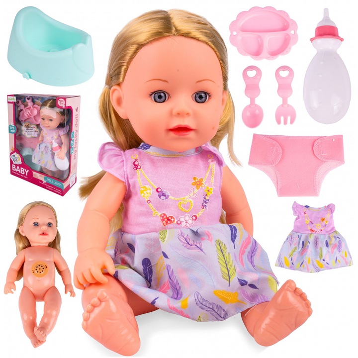 Papusa bebe interactiva pentru copii, cu par blond lung, vorbeste, papa din biberon si face pipi, echipata cu rochita si accesorii de ingrijire incluse, inaltime 33cm