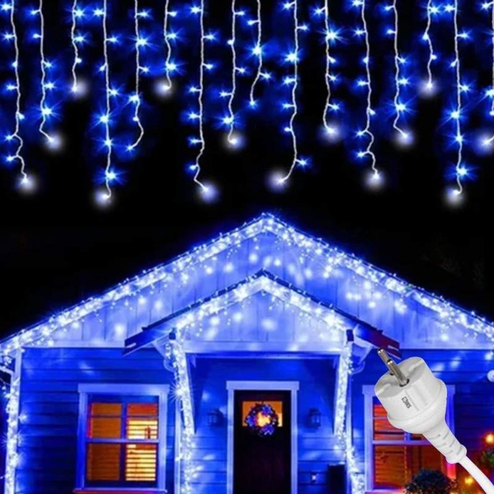 Instalatie Craciun Tip Turturi/Franjuri SIKS, 25 Metri, 640 Led-uri, Pentru Casa / Gradina / Gard, Cu 1 Joc De Lumini, Franjuri Curgatoare, Exterior/Interior, Fir Gros Alb, Interconectabila, Rezistenta La Apa, Albastra