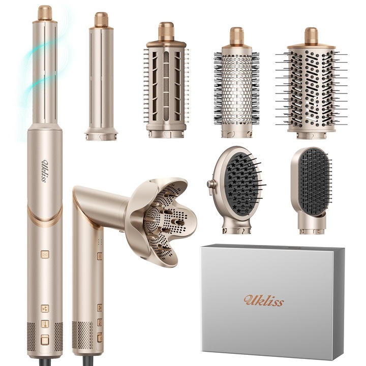 Set Coafura 8 In 1, Ukliss, Aparat Airstyler și Uscător De Păr, 3 trepte temperatură, 2 viteze, multicolor