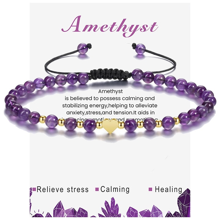 Bratara cu pietre pretioase vindecatoare de 4 mm, cu pandantiv in forma de inima din aur, bratari ajustabile cu pietre de cristal, bijuterii, Ametist(piatra calmului)
