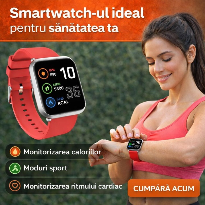 SmartWatch cu Senzor Glucometru, Apel Bluetooth, Ritm Cardiac, Nivel Oxigen, Tensiune Arteriala, Temperatura Corporala, Nivel Stres, Vreme, Calorii, Moduri Sport S865, Rosu