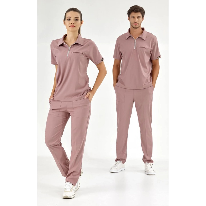 Медицински унисекс костюм, CIZGI MEDIKAL, 2 части, розов, XL, ликра, с цип