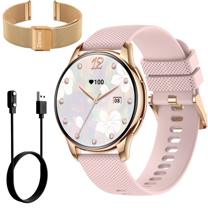 Zimmo okosóra, fitnesz, 1.32 hüvelykes Amoled kijelző, vér oxigénszint monitorozás, rózsaszín