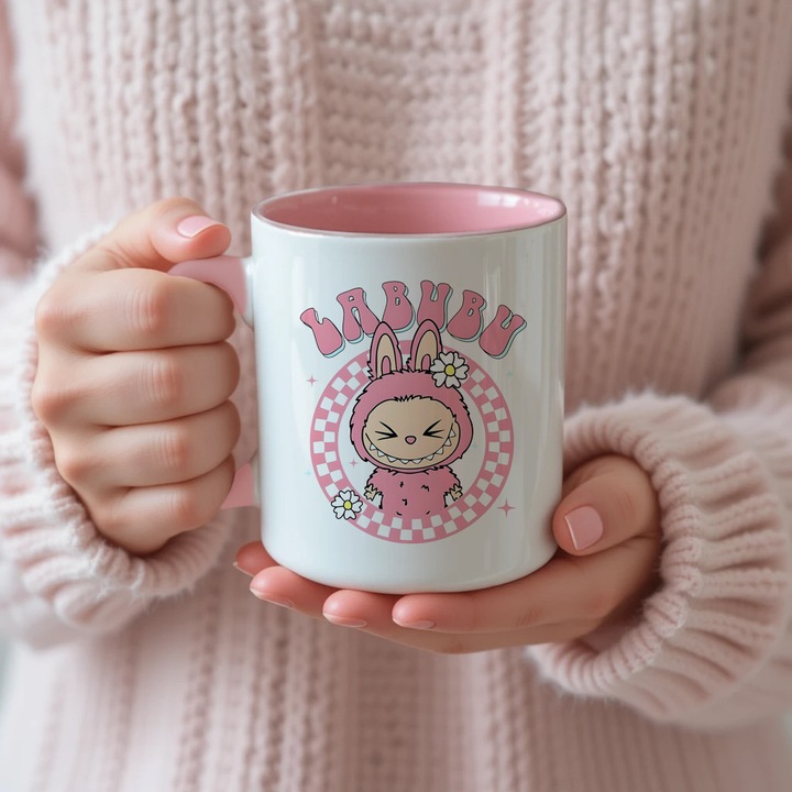 Cana ceramica La Bubu, roz, 350ml, imprimeu pe 2 fete