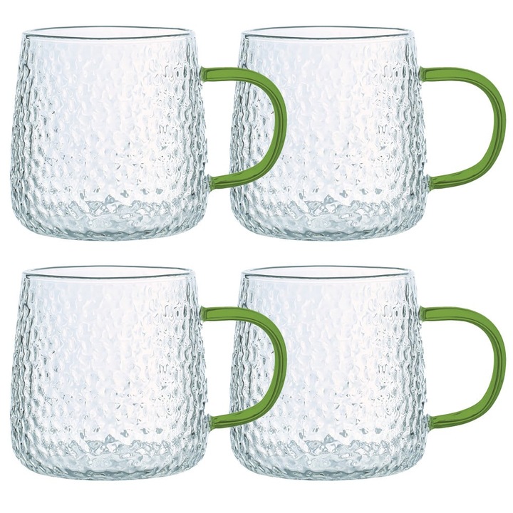 Set de 4 pahare cu mânere verzi pentru cafea sau ceai, sticlă, 350 ml