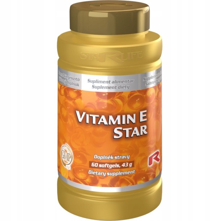 Supliment alimentar, starlife, vitamina e star, 60 capsule, 100 mg vitamina E, antioxidant, sustine sanatatea inimii, sustine sanatatea pielii, sustine vederea, ingrediente naturale, tara de origine: SUA, capsule de gelatina, netestat pe animale