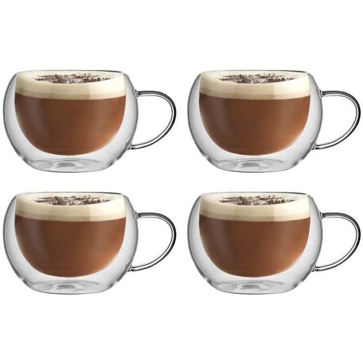 Set de 4 cani termice pentru cafea 300 ml, MG Home, sticlă