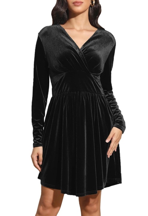 Rochie eleganta din catifea pentru femei peste genunchi, maneci lungi, Verde, Negru