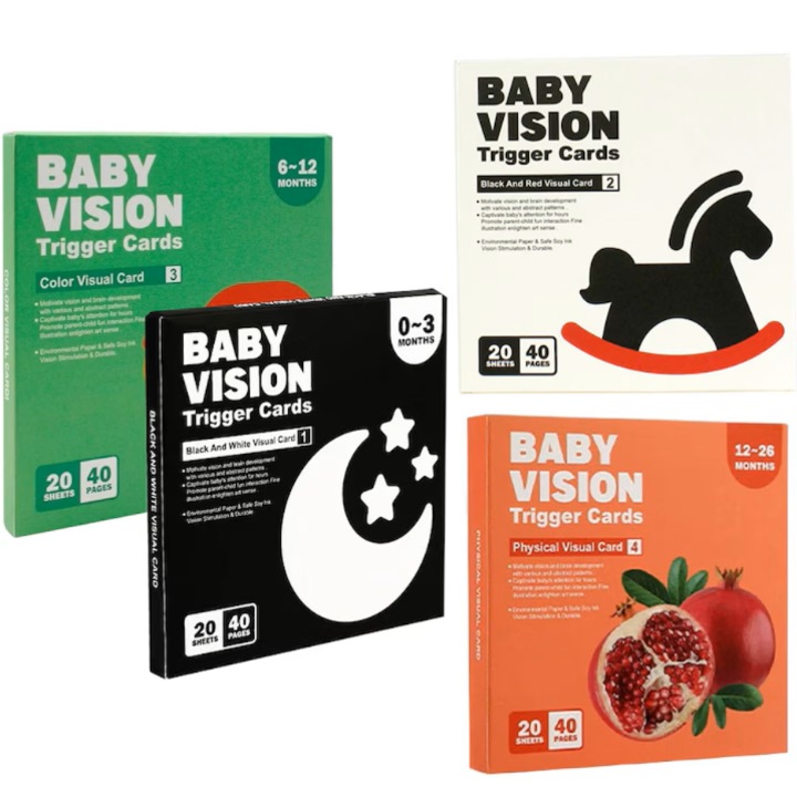 Set 4 carti interactive pentru bebelusi, SuooTci, stimulare vizuala, multicolor, 14.3x14.3x4.5 cm