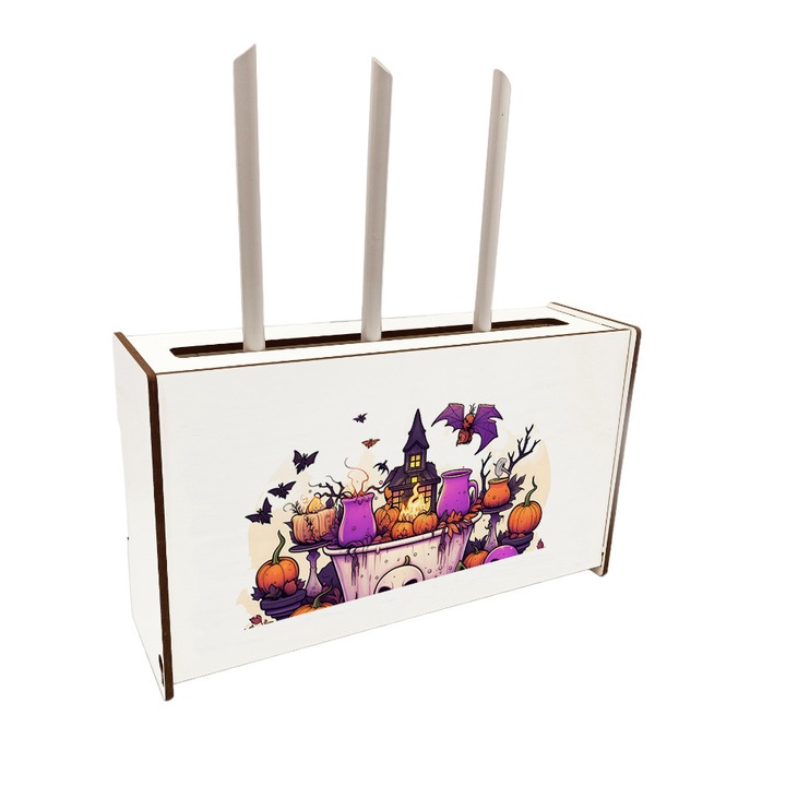 Raft Suport Router Wireless WoodMag rack CTWH1 pentru mascare fire si echipamente WI-FI, posibilitate montare pe perete, Halloween