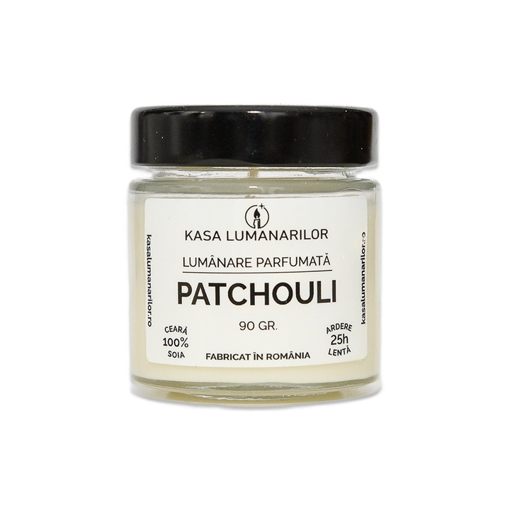 Lumanare parfumata din soia cu fitil de lemn, Pachouli, Handmade, ceara naturala, ardere lenta 25h, 90 g