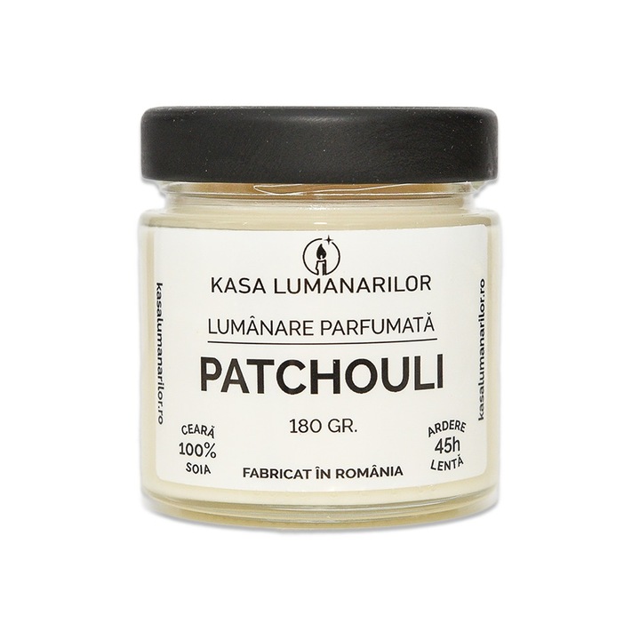 Lumanare parfumata din soia cu fitil de lemn, Pachouli, Handmade, ceara naturala, ardere lenta 45 h, 180 g