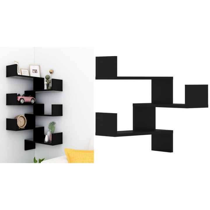 Rafturi de perete pe colt, 2 buc, negru, 40x40x50 cm PAL