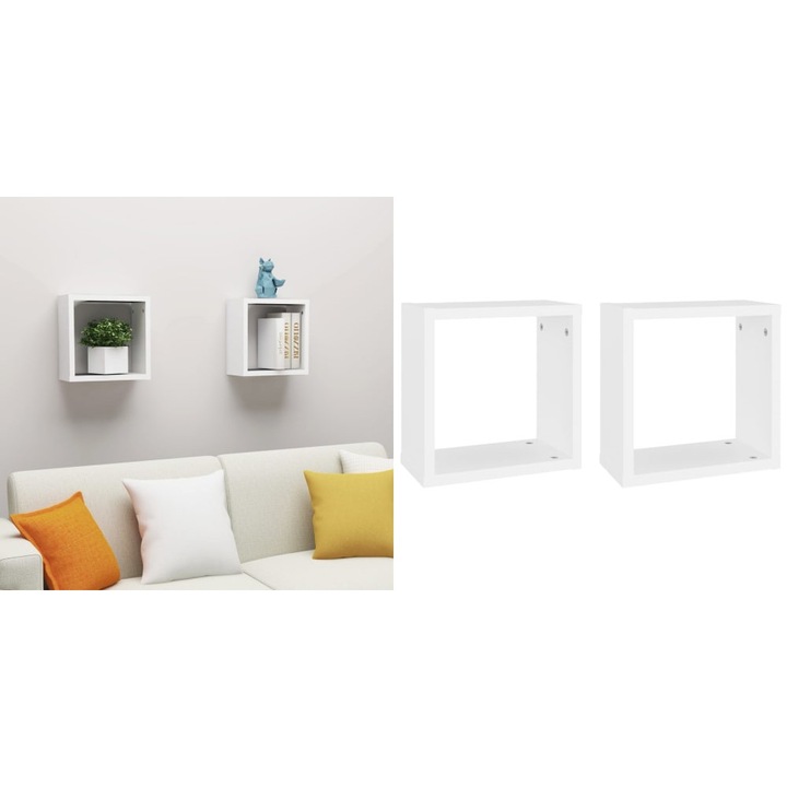 Rafturi de perete cub, 2 buc., alb, 30x15x30 cm