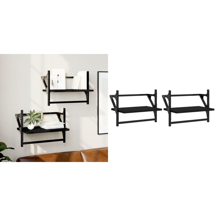 Rafturi de perete cu bare, 2 buc, negru, 40x25x30 cm