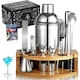 Set de Barman pentru Bauturi, PRESOMA®, Suport din Bambus, shaker de 750 ml, 12 piese, Otel Inoxidabil, Carte Retete, cleste gheata, pahar masura, Argintiu