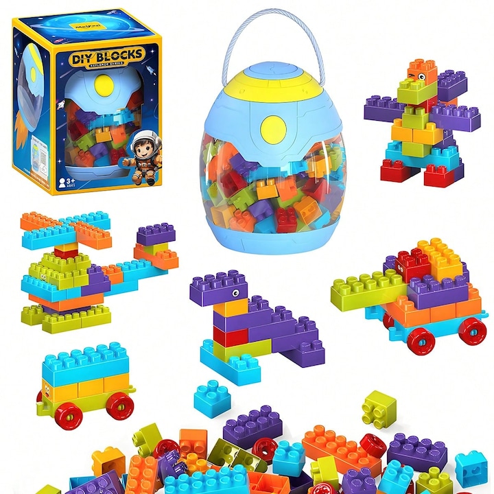 Set blocuri de constructie pentru copii, 130 piese, cu cutie de depozitare, material Polipropilena, multicolor