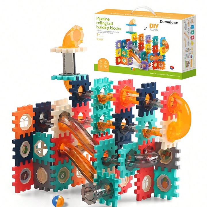 Комплект за изграждане на писта с топка „Направи си сам“, образователна играчка за сглобяване за деца, 122 части, възраст 3+, многоцветен