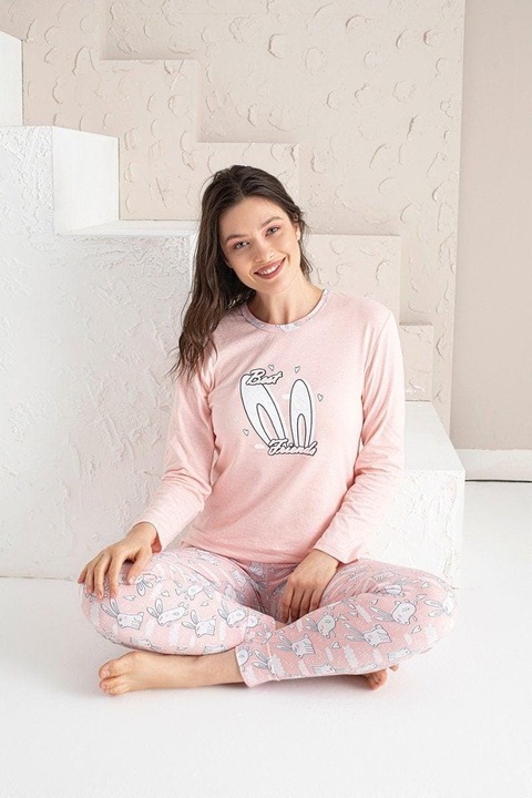 Női Pizsama, Hosszú Ujjú, Best Friends, Pamut, Halvány Rózsaszín, Rózsaszín