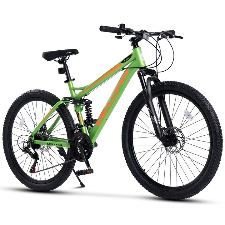 MTB ERB V2660G Kerékpár 26"-os Kerekekkel, Shimano/Carpat Felszereltséggel, Szekvenciális Karokkal, TÁRCSAFÉKEKKEL, 21 Sebességgel, zöld/narancssárga, Velors Earth 2.6 Genius Dupla Felfüggesztésű Mountain Bike