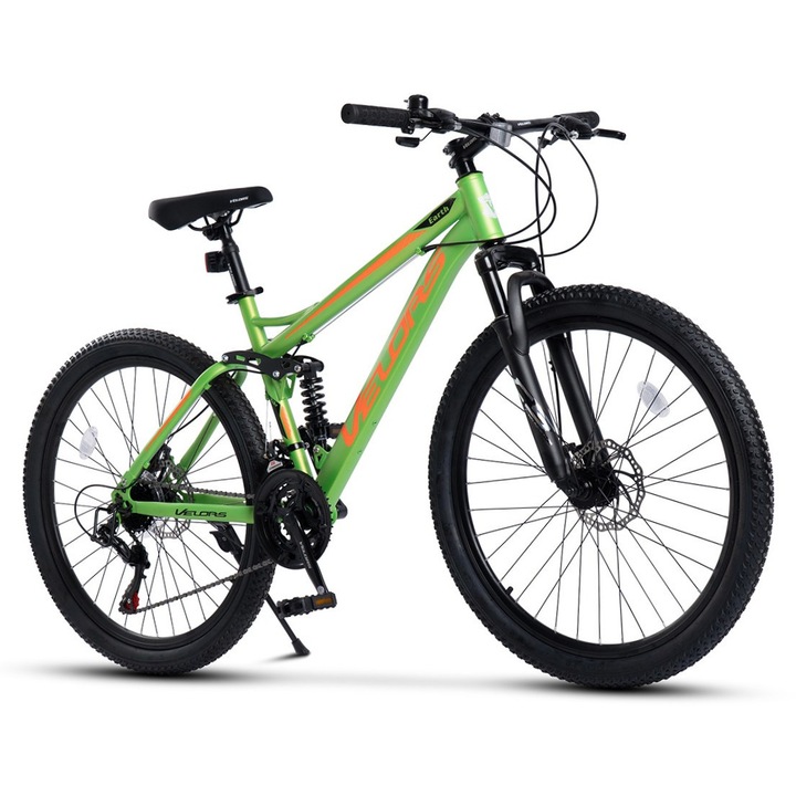 Планински велосипед Velors Earth JSX2660, Shimano, предно/задно окачване Genius, 26 инча колело, дискови спирачки, 21 скорости, зелен с оранжево
