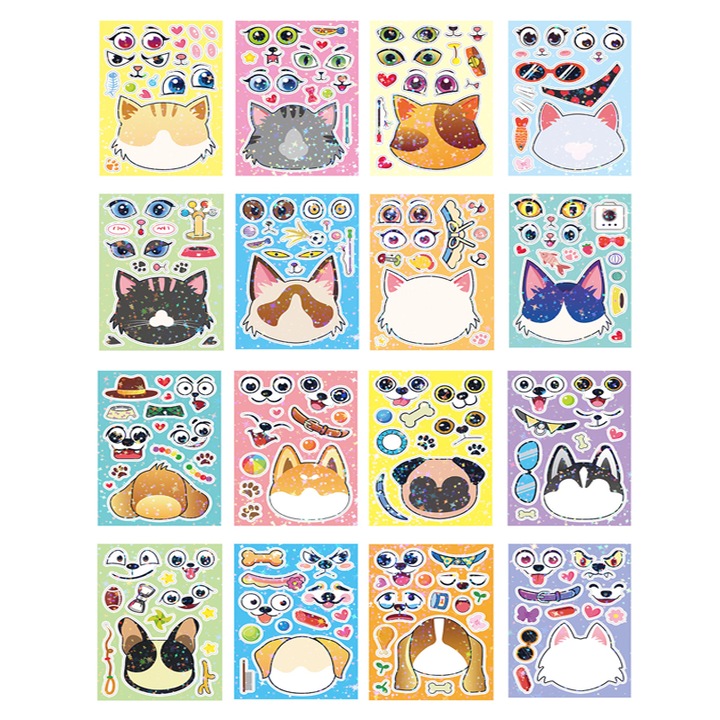 Kreatív áthelyezhető matricakészlet, BOMSTOM, 16 kép, 2 téma (macskák/kutyák), Többszínű