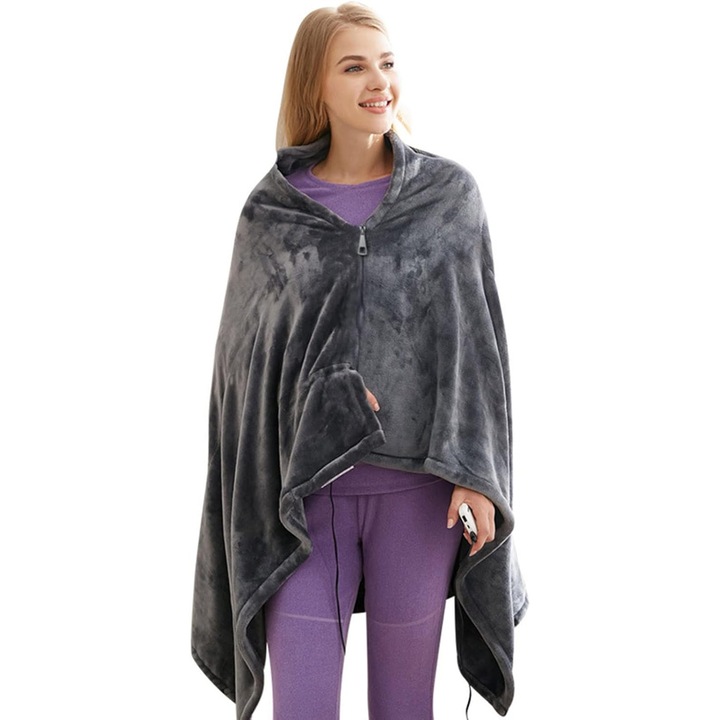 Електрическо нагряващо одеяло (150x85x1.5cm) с USB зареждане, нагряващ шал с цип, топъл коралов поларен шал, плюш с 3 настройки на нивото на топлина за кола, офис, дом, пътуване