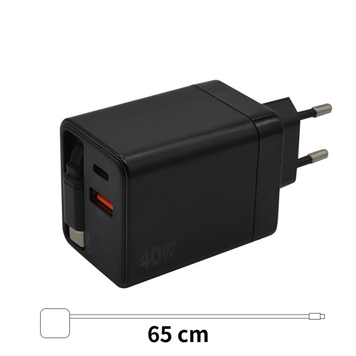 Incarcator 40W EU, 2×Type-C 20W, USB-A 18W, cablu Type-C retractabil 65cm, Absorbtie magnetica, compatibil iPhone/Samsung/Casti Bluetooth/ceas inteligent/Difuzor Bluetooth, Negru
