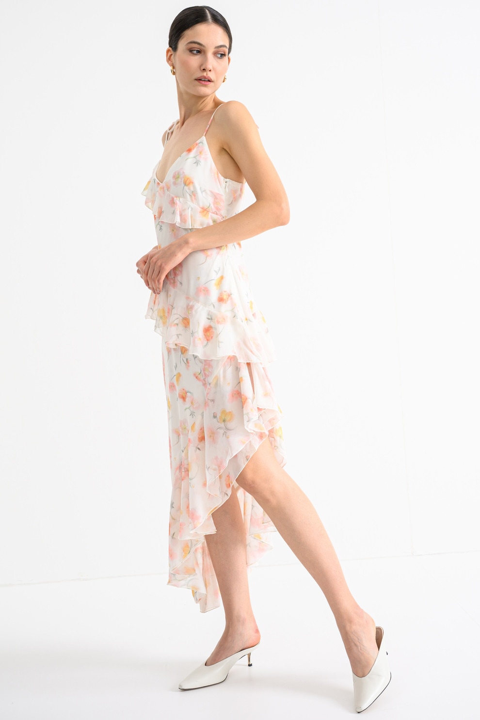 Gina Tricot, Rochie asimetrica cu model floral, Alb, Verde, Roz, 38