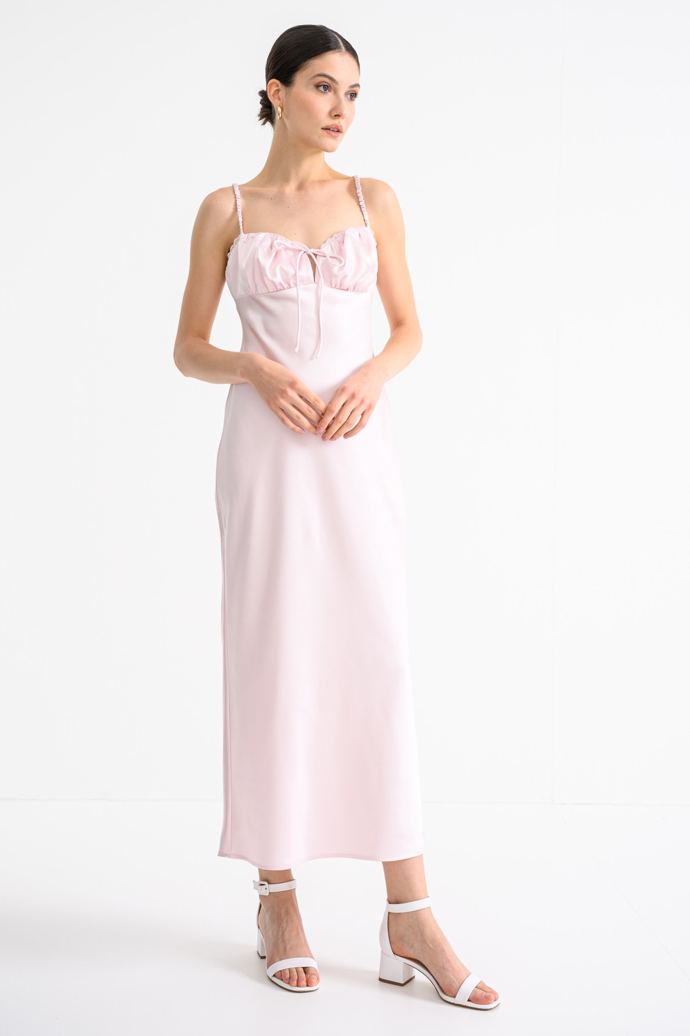 Gina Tricot, Rochie midi satinara cu bretele elastice, Roz pastel, 38
