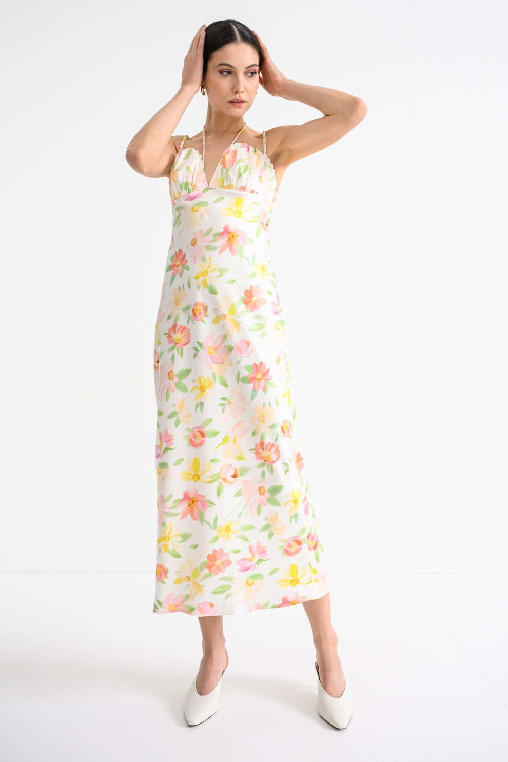 Gina Tricot, Rochie midi satinara cu bretele elastice, Multicolor, 36