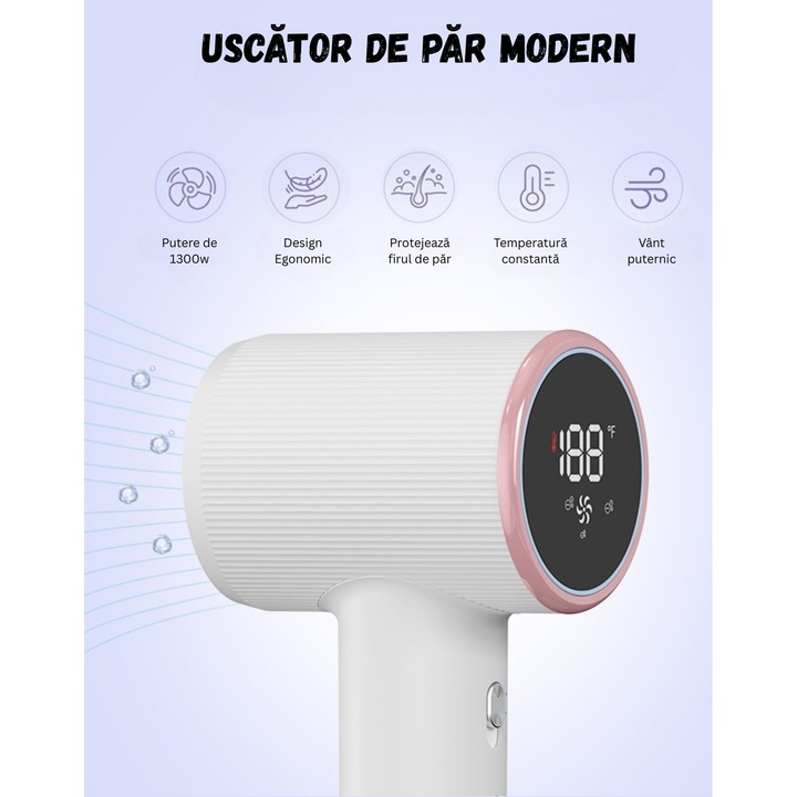 Професионален сешоар, мощност 1300 W, технология за защита на косата, бързо съхнене, 2 степени на скорост, LED дисплей, LED светлина, контрол на температурата, включени аксесоари, розов