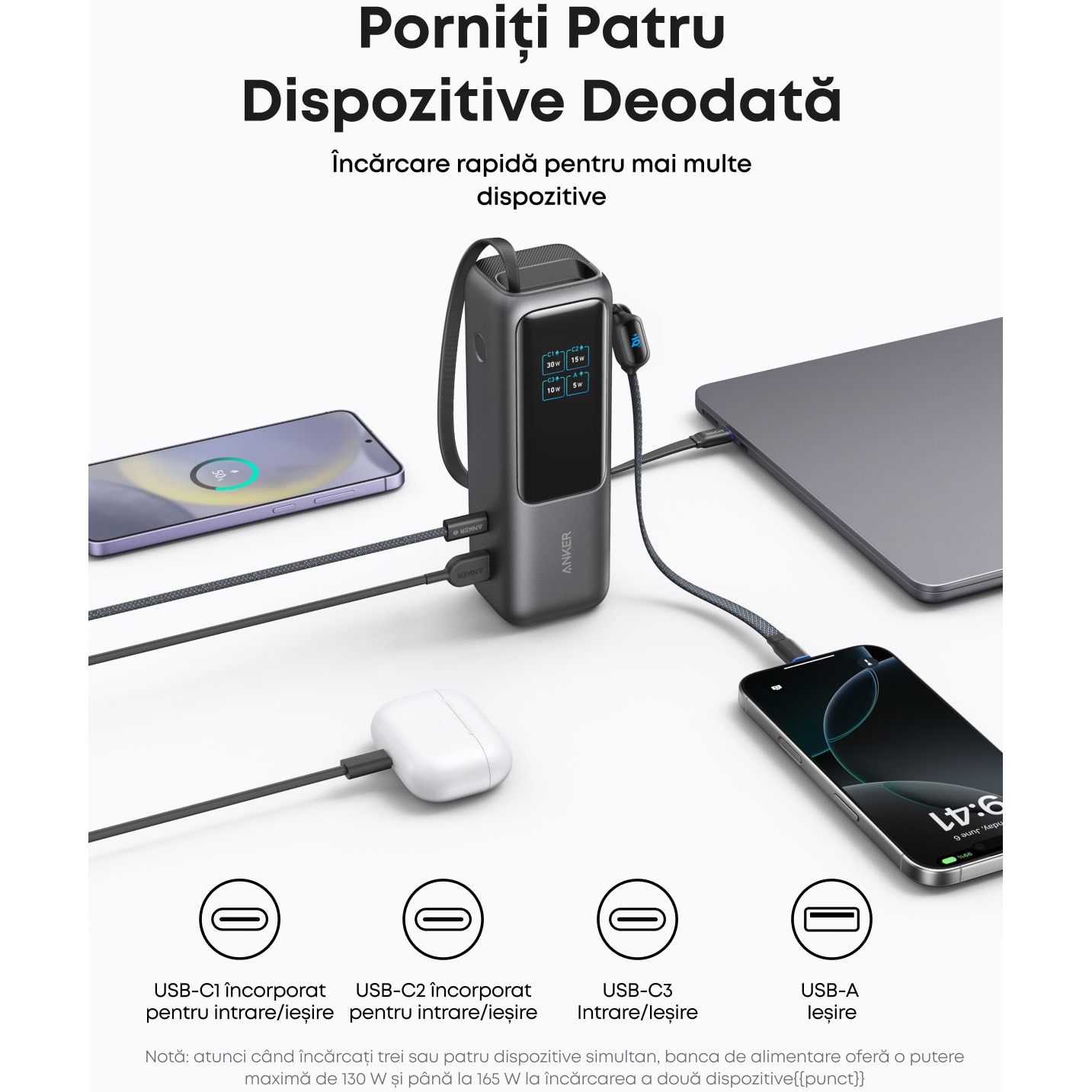 Acumulator extern Anker 25000 mAh 165W cablu USB-C retractabil
