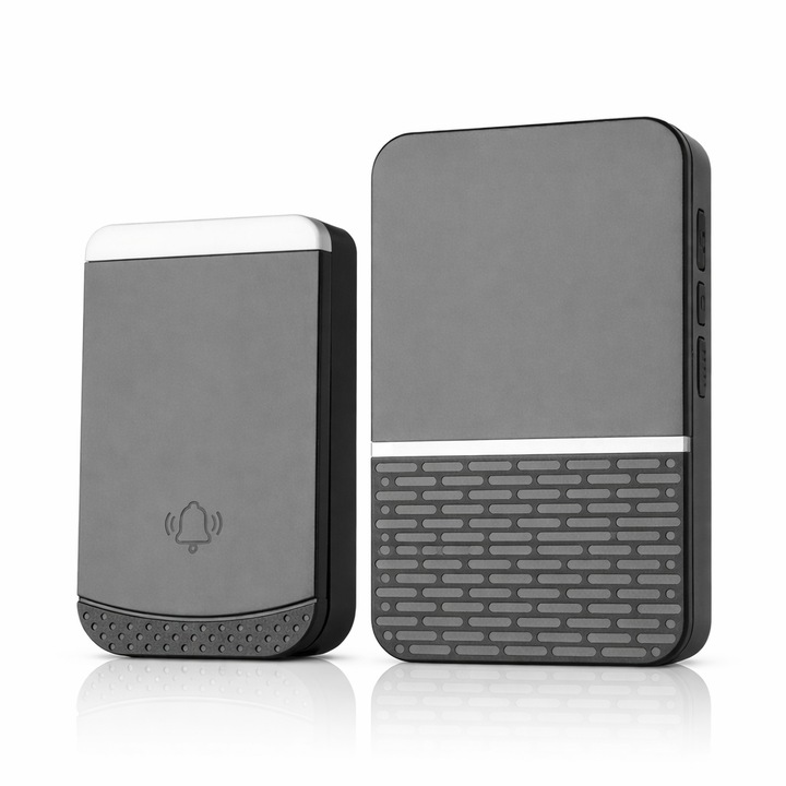 Sonerie fara fir MACVI® wireless 260 m IP44 4 niveluri volum fixare dubla negru gri sonerie usa exterior interior rezistenta apa design modern