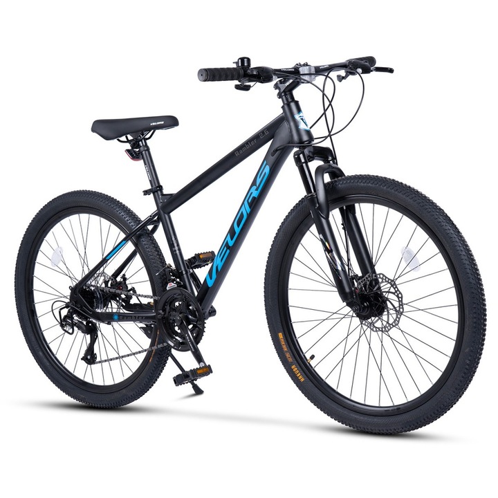 Планински велосипед MTB Velors Rambler JSX26310, рамка с интегрирани кабели, оборудване Carpat, предно окачване, 26 инчови колела, предни/задни дискови спирачки, 21 скорости, цвят черен със син