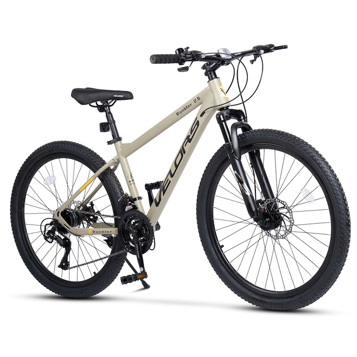 Bicicleta MTB de munte Velors Rambler JSX26310, cadru cu cabluri integrate, echipare Carpat, suspensie fata, roata 26 inch, frana disc fata/spate, 21 viteze, culoare olive cu negru