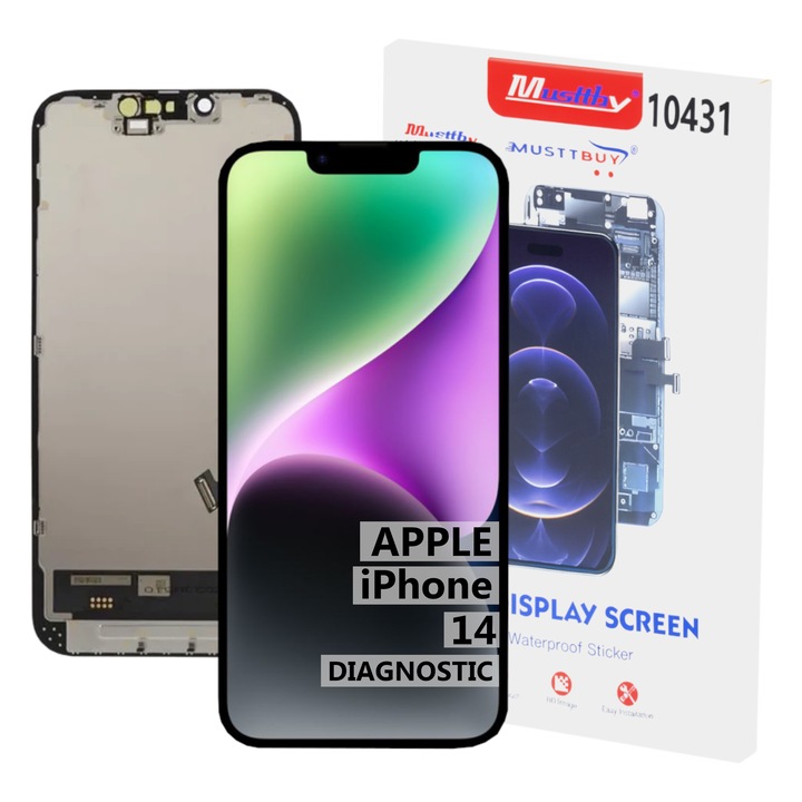 Дисплей Soft OLED за iPhone 14, Musttby, пълен комплект с тъч панел, монтажна рамка, многоцветен