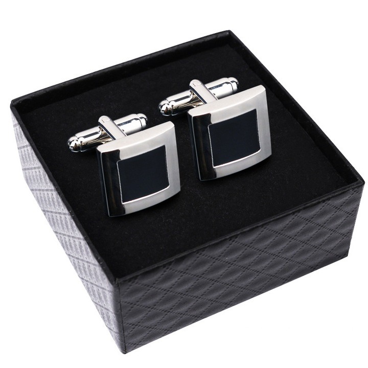 Set butoni camasa elegant, BOMSTOM, Aliaj, Patrat, Cu cutie depozitare neagra, Argintiu/Negru, 16x16 mm