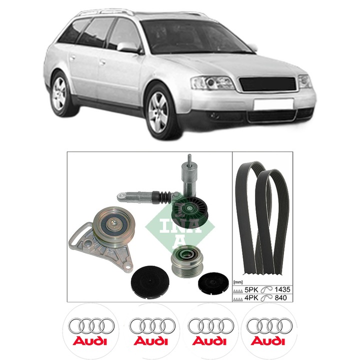 Set curea accesorii pentru transmisie AUDI A6 C5 Avant (4B5, 4B6) 1.9 TDI din 2001-2005, Auto, INA, 4x Stickere auto cu AUDI
